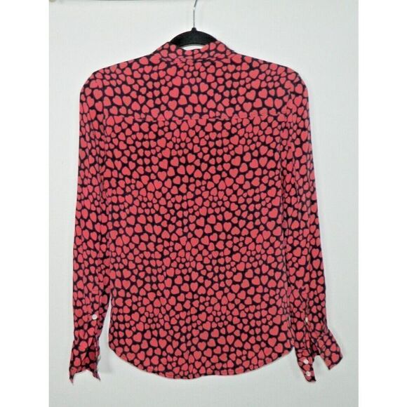 J. Crew Blouse Size 0 Silk Black Pink Button Front Pink Heart Print - Picture 6 of 9